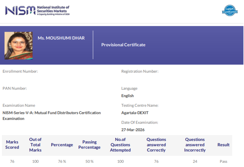 Moushumi Dhar NISM Exams Testimonial